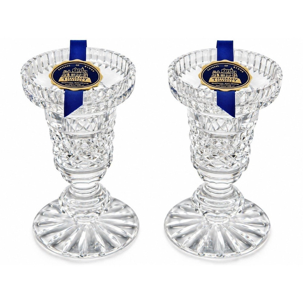 Tipperary Crystal Candlestick Holders Pair Irish Hand Cut Made Ireland Vintage